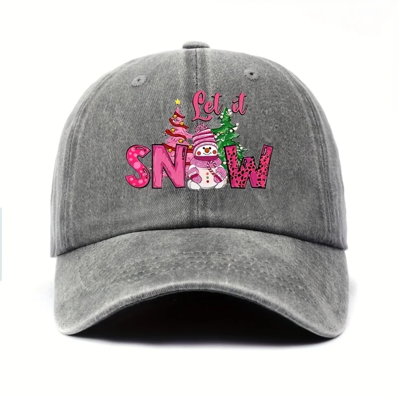 Christmas-Themed Baseball Cap: a Vintage Washed Cap Featuring Colorful Christmas Tree And Snowman Designs, Stylish And Versatile