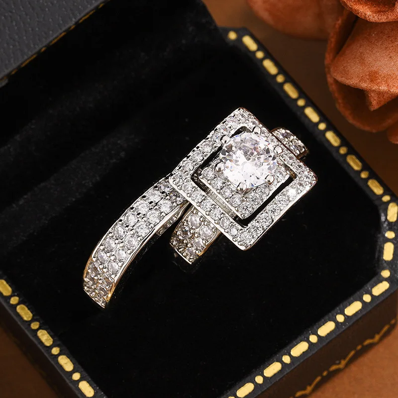 925 sterling silver hot selling new luxury shiny two-piece ring set, European and American women's fashionable wedding ring set