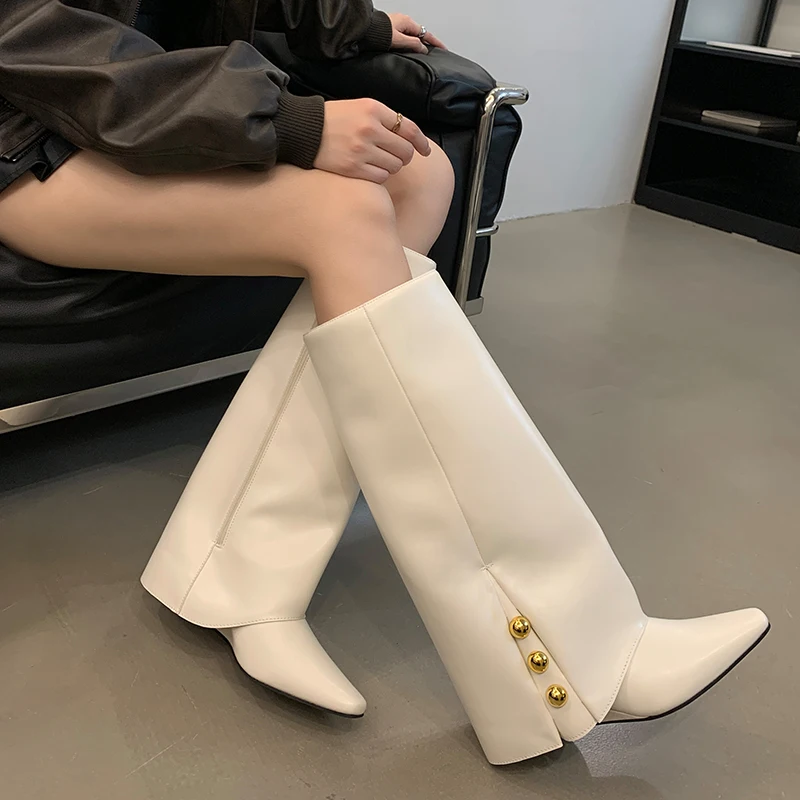 

ZOOKERLIN Autumn Cowboy Boots For Women Fashion Slip On Long Pipe Boots Female Square Heel Trend Winter Footwear Genuine Leather