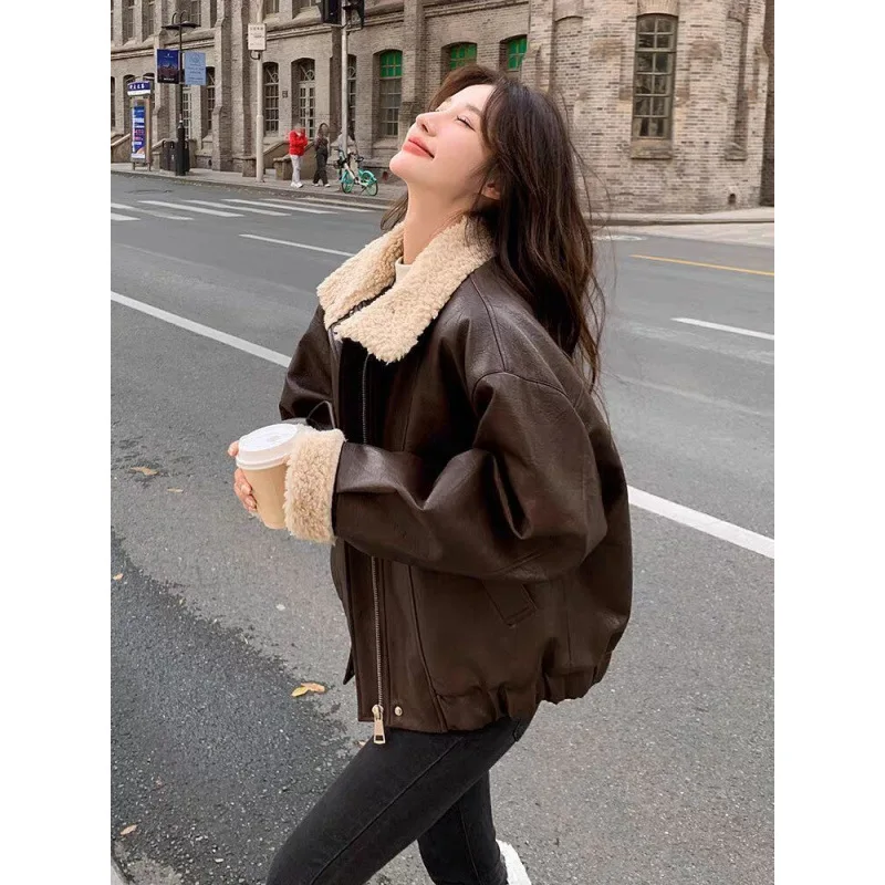 معاطف النساء سترات من الجلد الصناعي رفض طوق معطف صوف الضأن العمل Y2k الشارع الشهير سترة سستة ملابس خارجية الخريف الشتاء #3