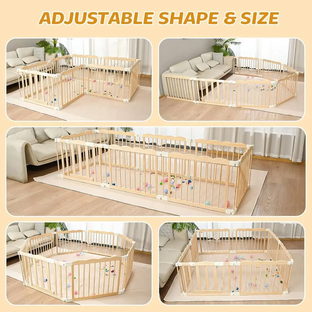 روضة أطفال محمولة من الخشب الطبيعي مع أكواب شفط للأطفال والرضع، منطقة لعب كبيرة جدًا قابلة للطي