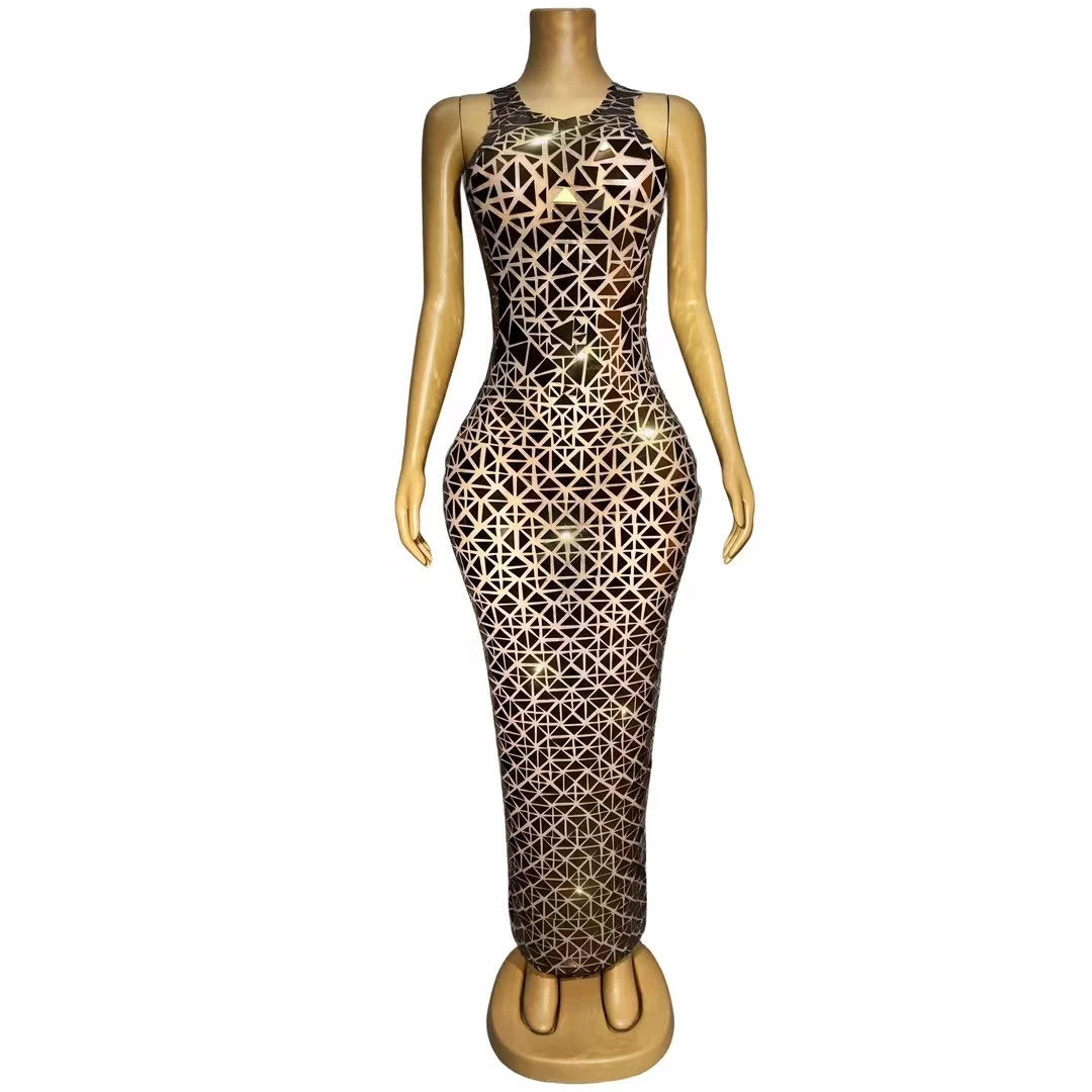 

Модное женское платье Макси Лето 2024 блестящее женское платье с кристаллами зеркальный костюм элегантное сексуальное бальное платье без рукавов с высоким разрезом