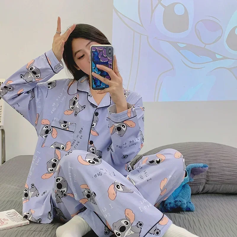 Disney Stitch otoño pantalones de algodón de manga larga conjunto de dos piezas pijamas de mujer ropa de descanso informal de dibujos animados