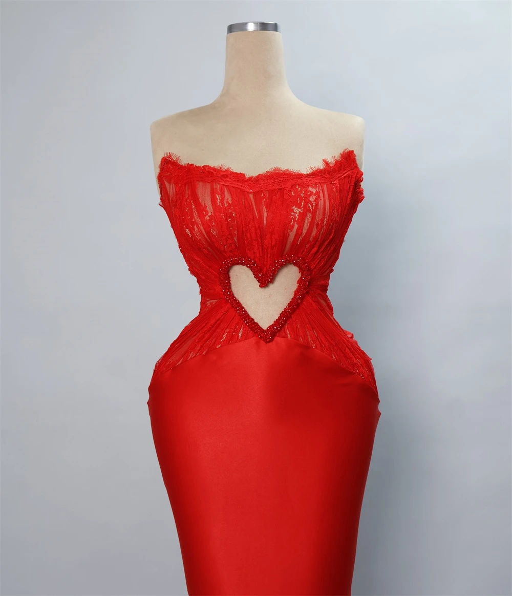 

Customized Luxury Red Satin Evening Dress Modern Strapless Sleeveless Homecoming Dress Temperament Special Occasion Gowns