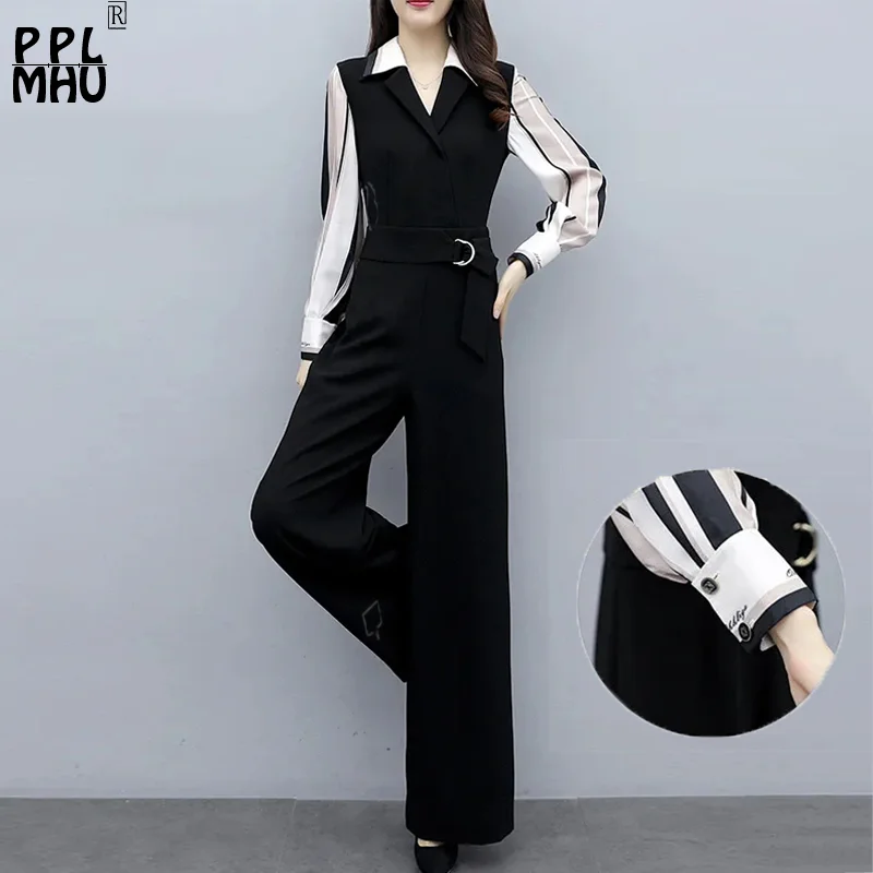 Elegante Slanke Hoge Taille Wijde Pijpen Jumpsuits Vrouwen Koreaanse Mode Lange Mouw Nep Twee Stukken Office Lady Eendelig Broek