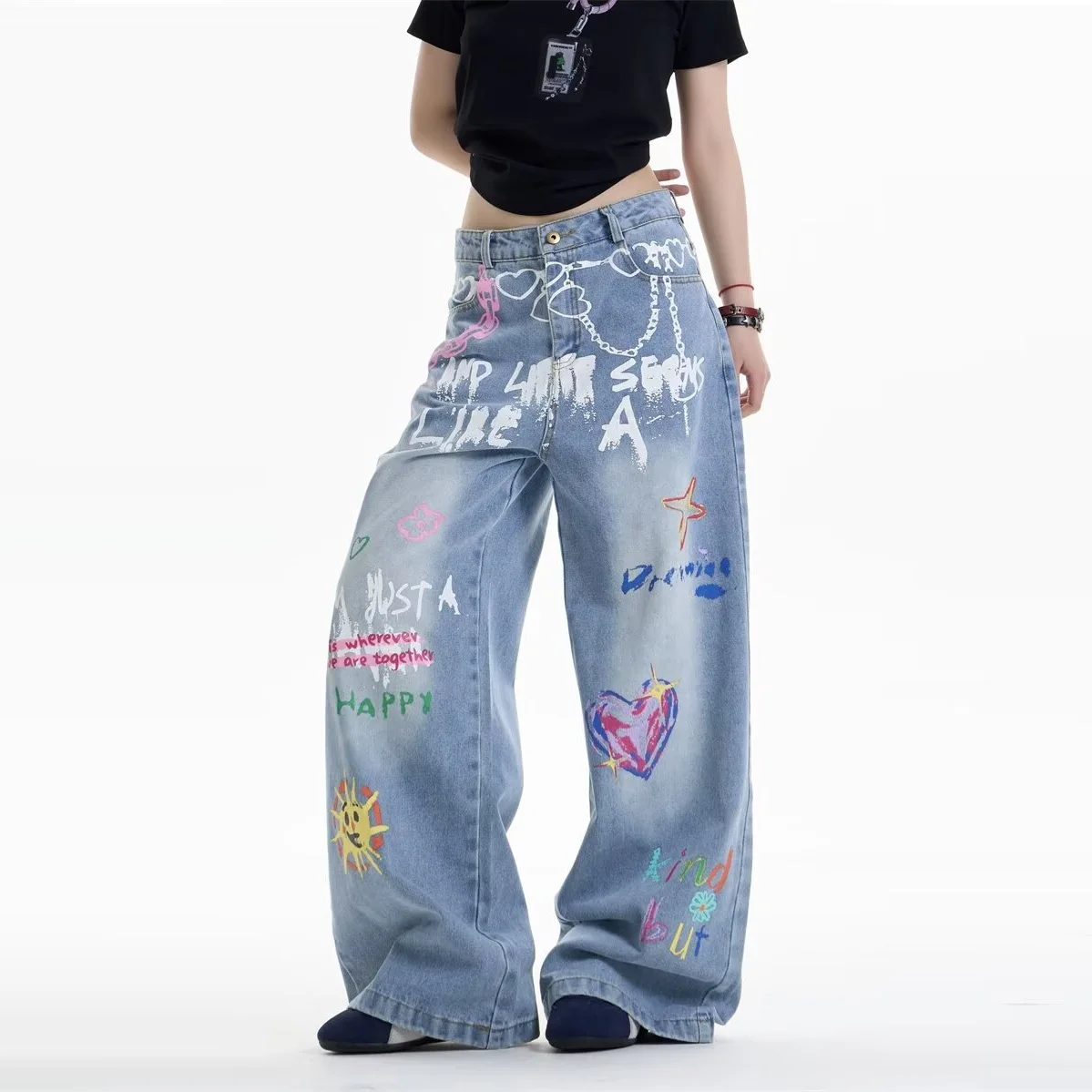 

CHIC Baggy Straight Denim Jeans for Men or Woman Japanese Cute Dopamine Painted Boyfriend Pants Harajuku Trousers Girls Trendy