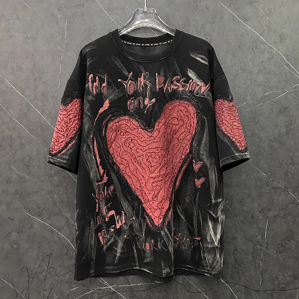 

Plus Size Tee Shirt Summer Spring New Fashion Red Heart Appliques Embroidery Sequined Black Tee Top Loose Casual