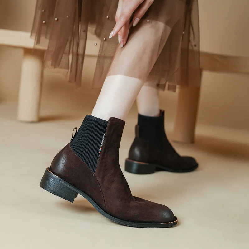 2024 nowe damskie jesienne botki buty z okrągłym noskiem na obcasie prawdziwa skóra Retro buty zimowe dla kobiet zwięzłe Chelsea Boots