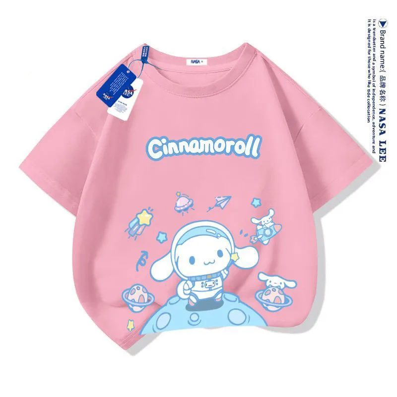 Kuromi เสื้อยืดแขนสั้นเด็กผู้หญิง Cinnamoroll ผ้าฝ้ายแท้สไตล์เจ้าหญิงชุดน่ารักเสื้อผ้าเด็กเสื้อลำลอง