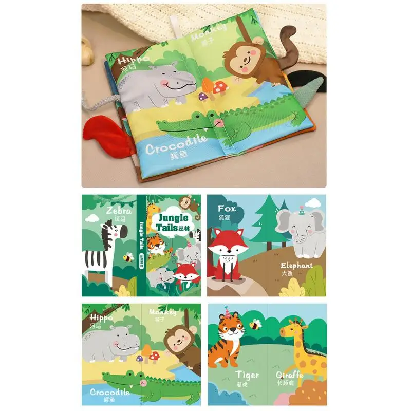 Pano macio dentição livros para criança, Animal Tails Teething Brinquedos, Anel mordedor, Crinkle Books