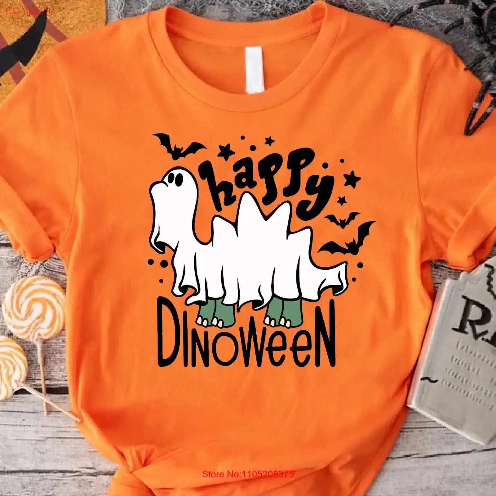 تي شيرت Happy Dinoween تي شيرت Ghost Dinosaur Halloween للأطفال الصغار مضحك دينو عتيق مصمم ملابس ممتدة ناعمة