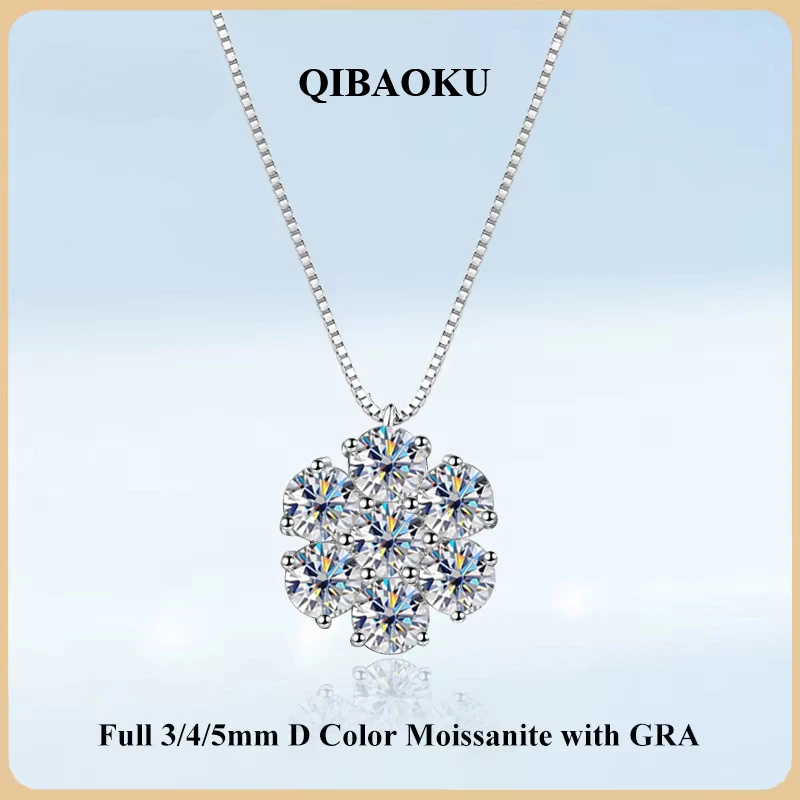 QIBAOKU Flower 3/4/5mm D Color Moissanite Pendant Necklace for Woman Man S925 Silver GRA 7-Stone Diamond Neck Chain 2026