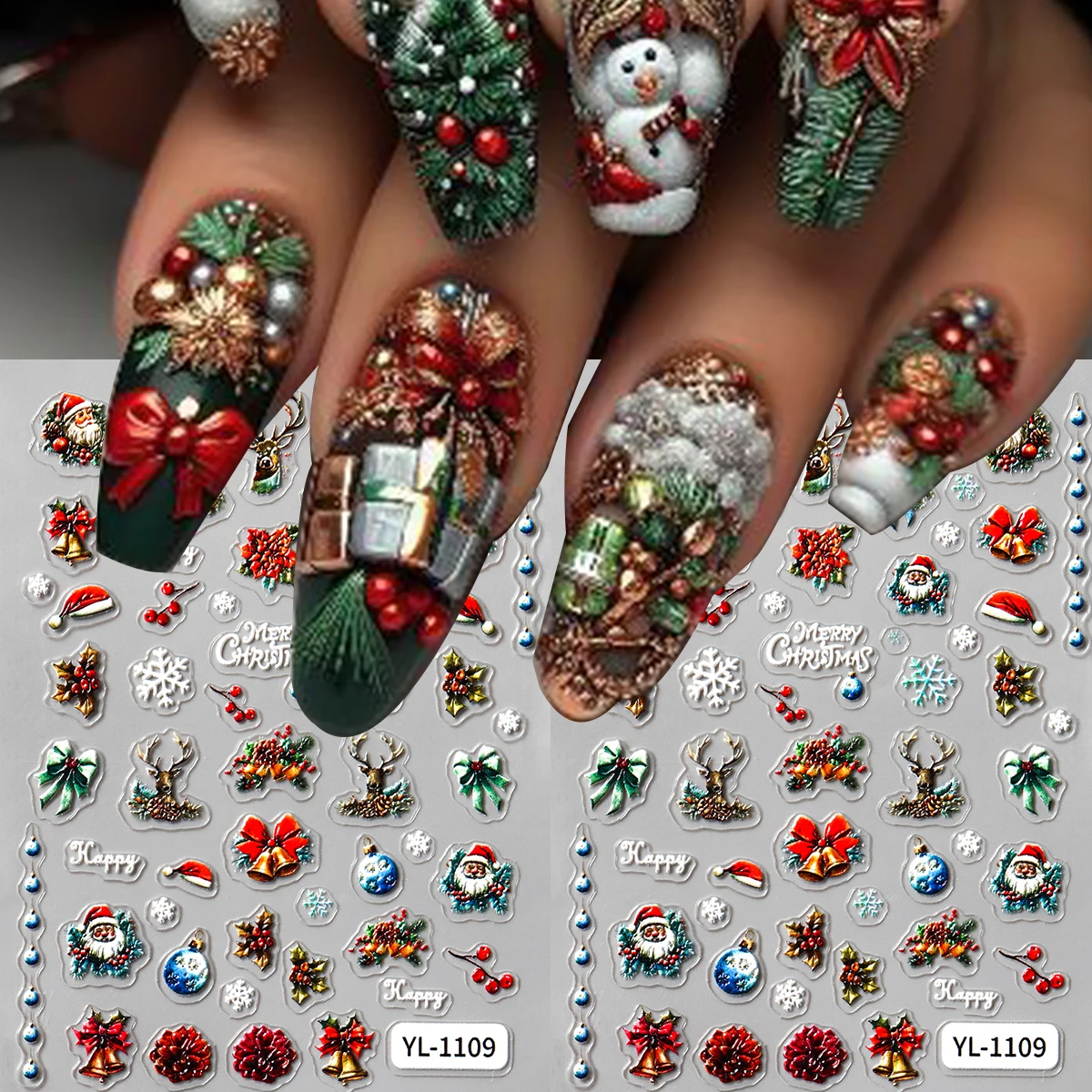 2 個 5D エンボス加工クリスマスネイルアートステッカーサンタクロースベル冬の雪の結晶ヘラジカ自己粘着ネイルデカール DIY お祝い新年