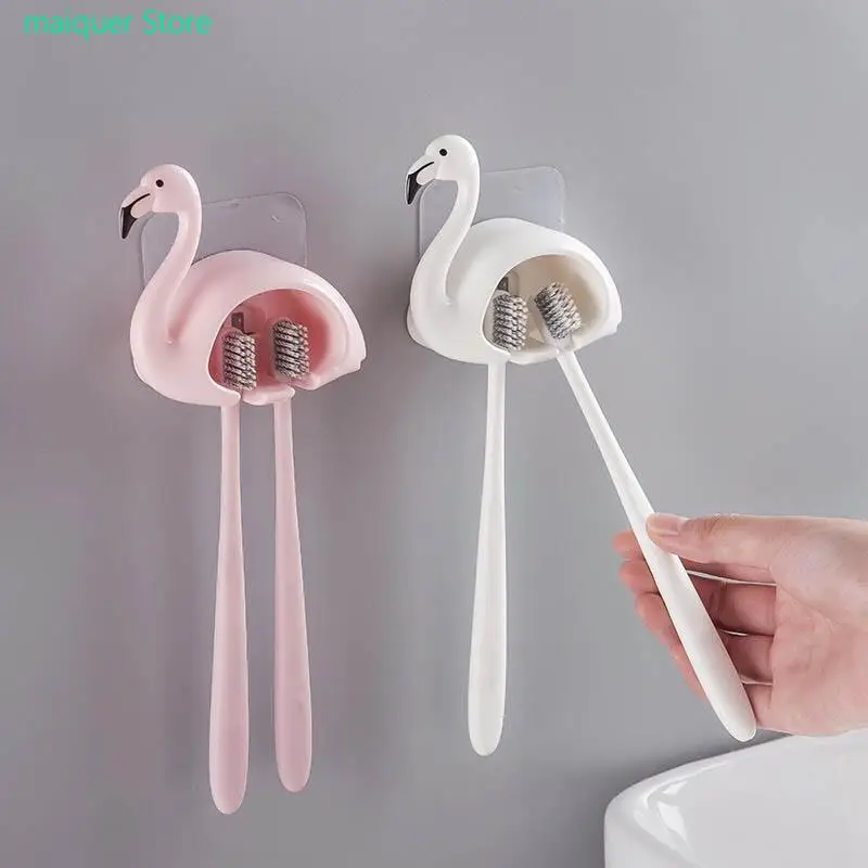 Toothbrush Holder Sucker Flamingo Shaped Bathroom Accessories 2 Position 1Pcs Cute Wall Mount Toothbrush Rack Organizer