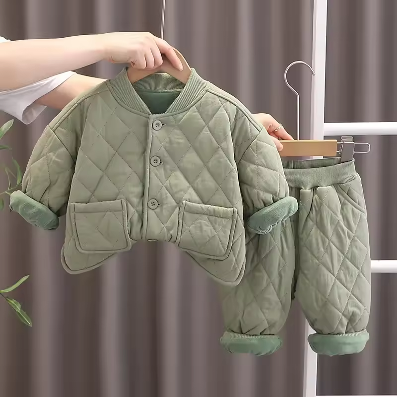 1-5Y Tracksuit for Boy Winter 2Pcs Padded Sets Fleece Lined Thickened Diamond Quilted Jacket and Pants Warm Cozy Girl Outfit