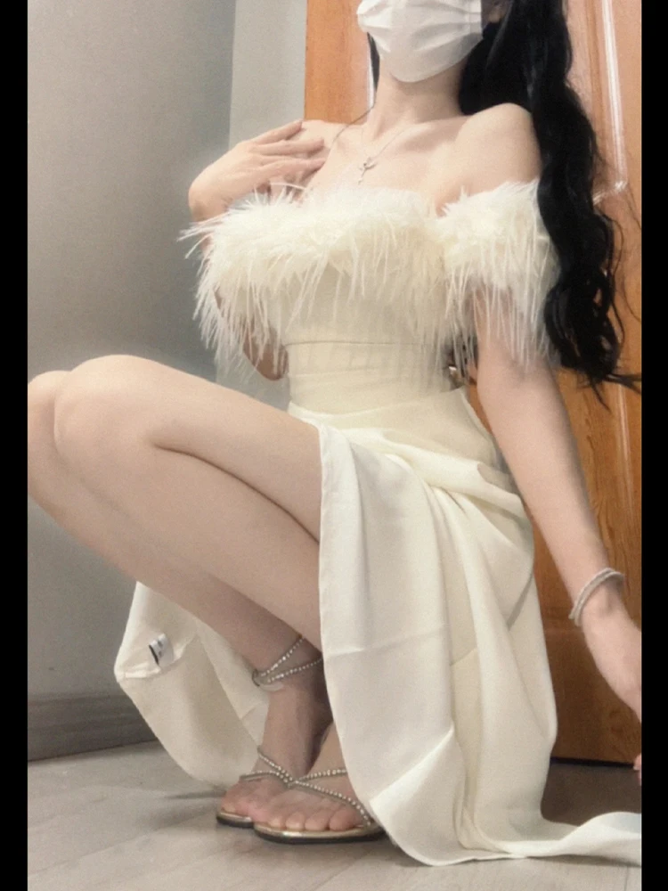 

Ele Long Evening Gown with Feather oulder Design for Adult Ceremony Birthday High-End Luxury mat Ladylike Dr