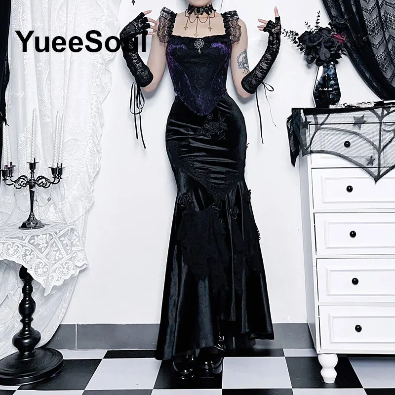 Black Skirts for Women 2000s Gothic Punk Dark Lolita Mini Skirt New Halloween Y2K Elegant Evening Party Club Harajuku Long skirt