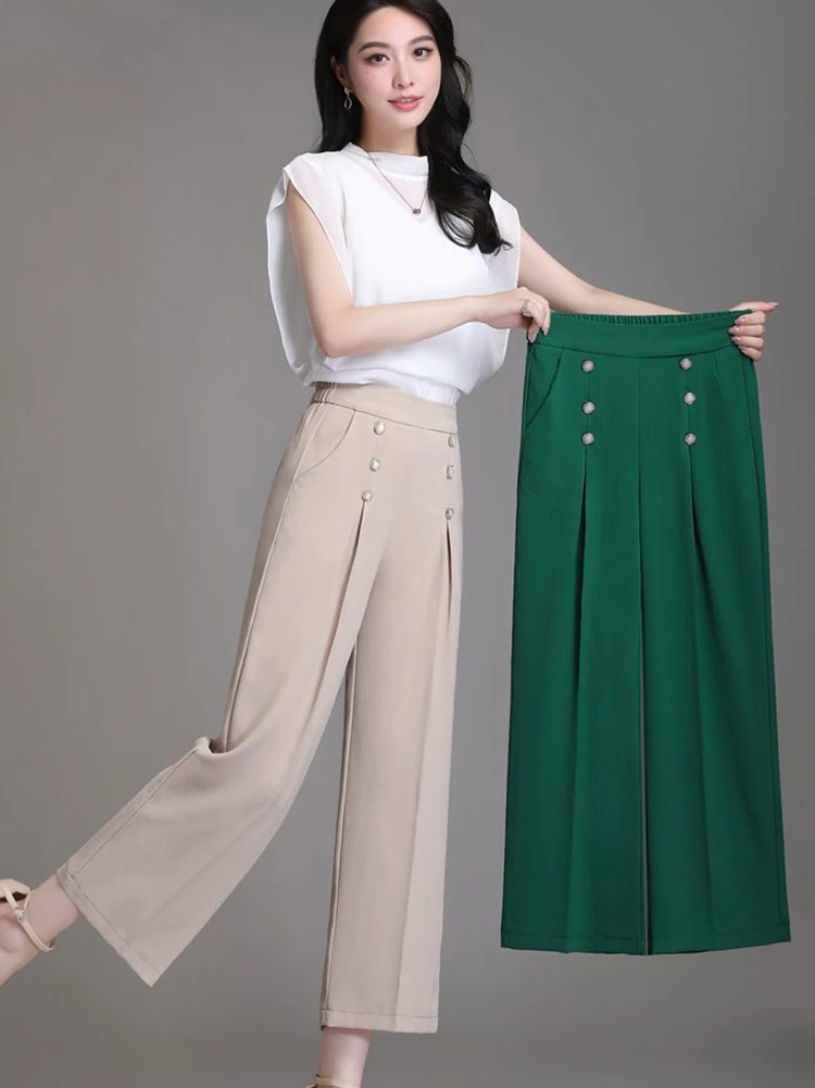 Double-breasted Cotton Linen Wide Leg Pants Women Casual High Waist Ankle-length Pantalones New Fashion Baggy Straight Trousers