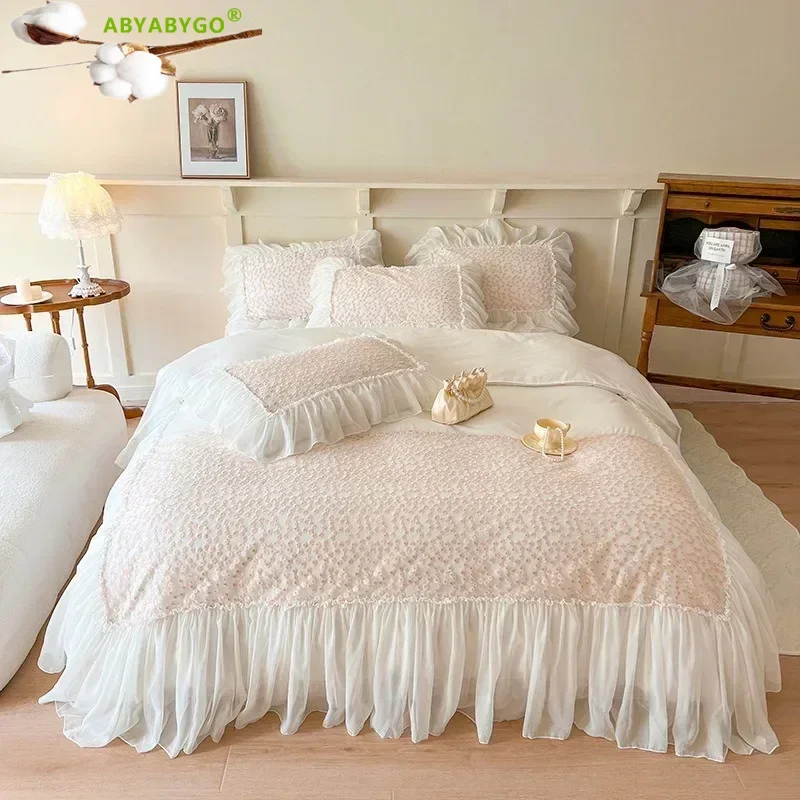 Korean Princess Style Bedding Set, 100% Cotton, Lace Ruffles, Duvet Cover Set, Bed Skirt and Pillowcases, Bed Comforter Set