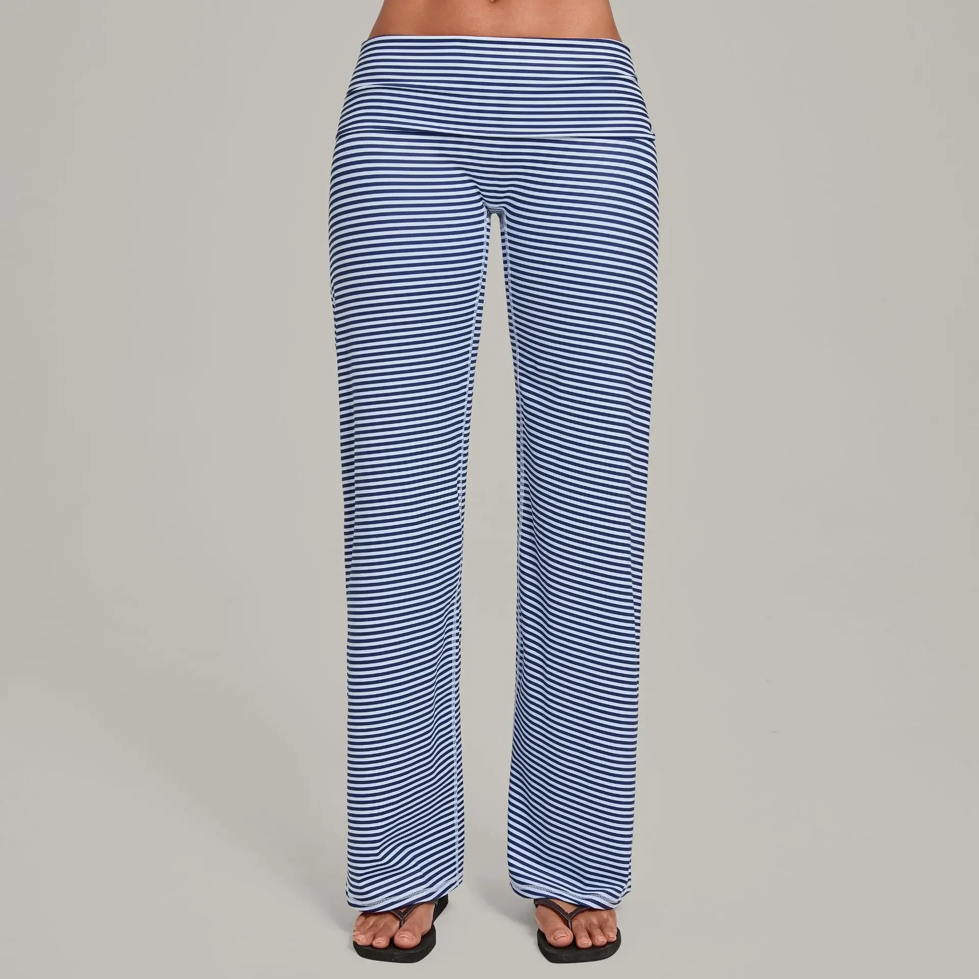 Vintage Striped Print Women Yoga Straight-leg Plus Size Pants with Fold-over Waistband Butt-lifting for Gym Pilates Workout