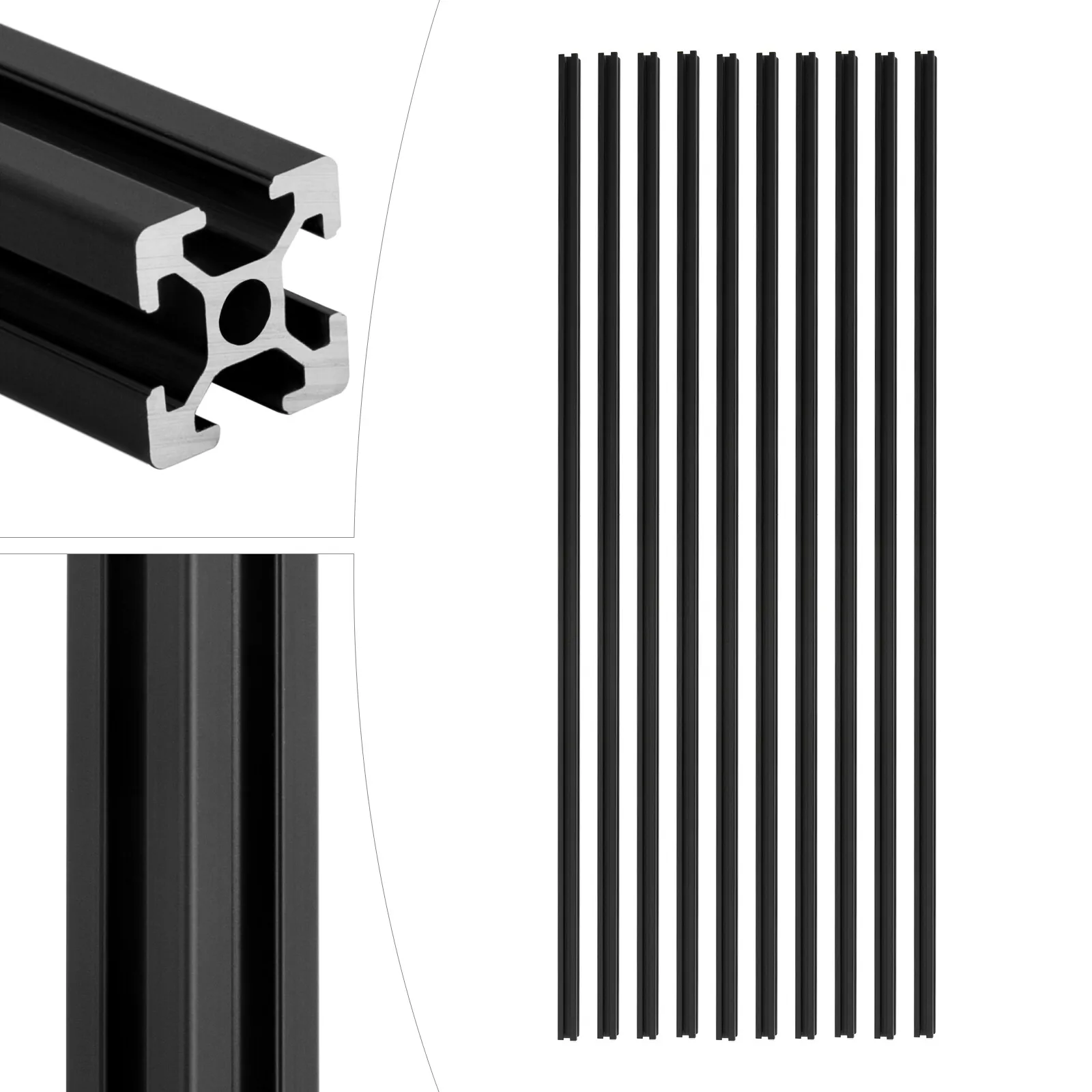 Pacote com 10 Perfis de Alumínio 6063 Pretos com Ranhura T, 1m x 2cm de Seção Transversal, Oxidados, para Móveis DIY, Automação e Impressora 3D
