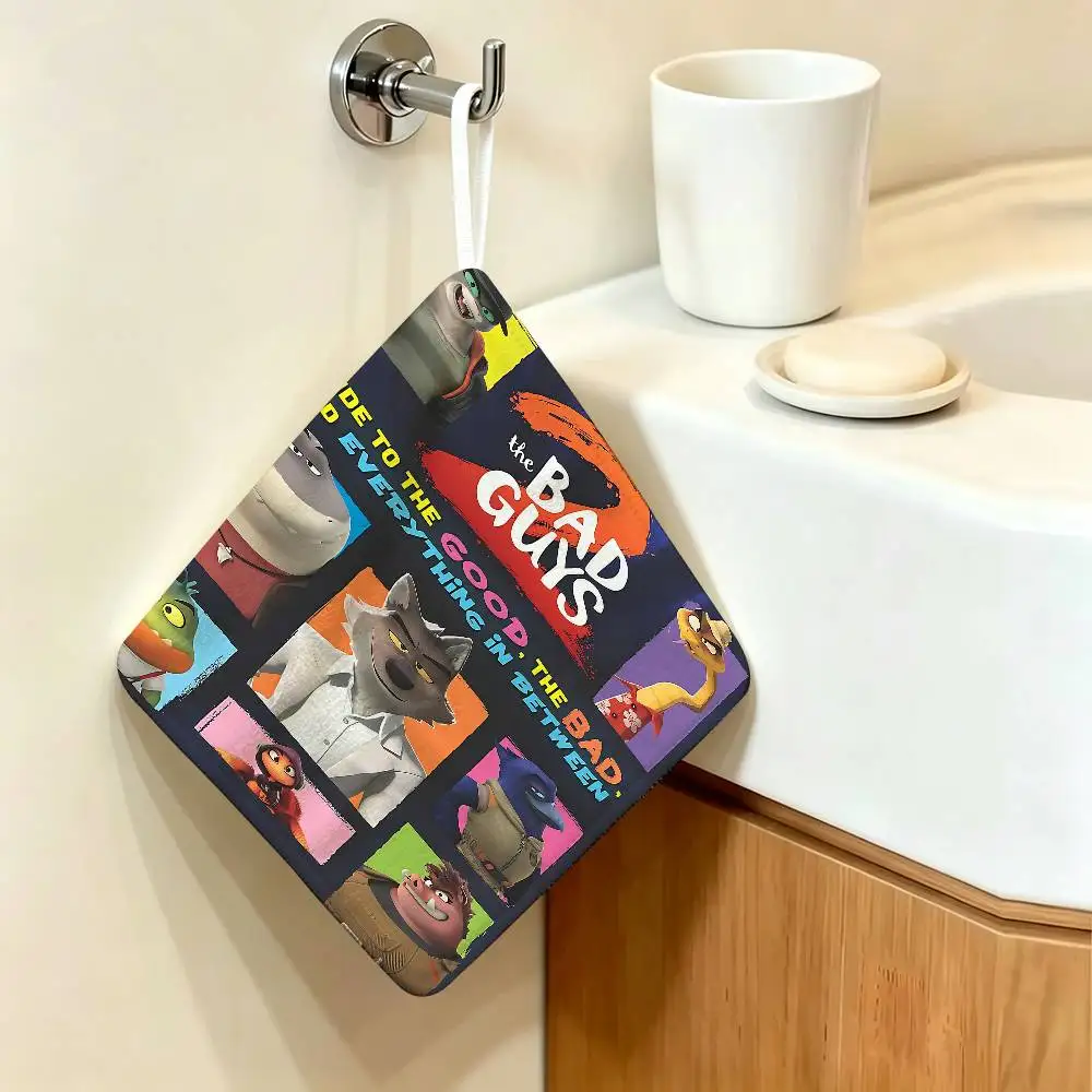 Cartoon T-The B-Bad Guys Polyester Cotton Hand Wiping Towel, Hanging Design, Durable for Household Restaurant Toilet Use