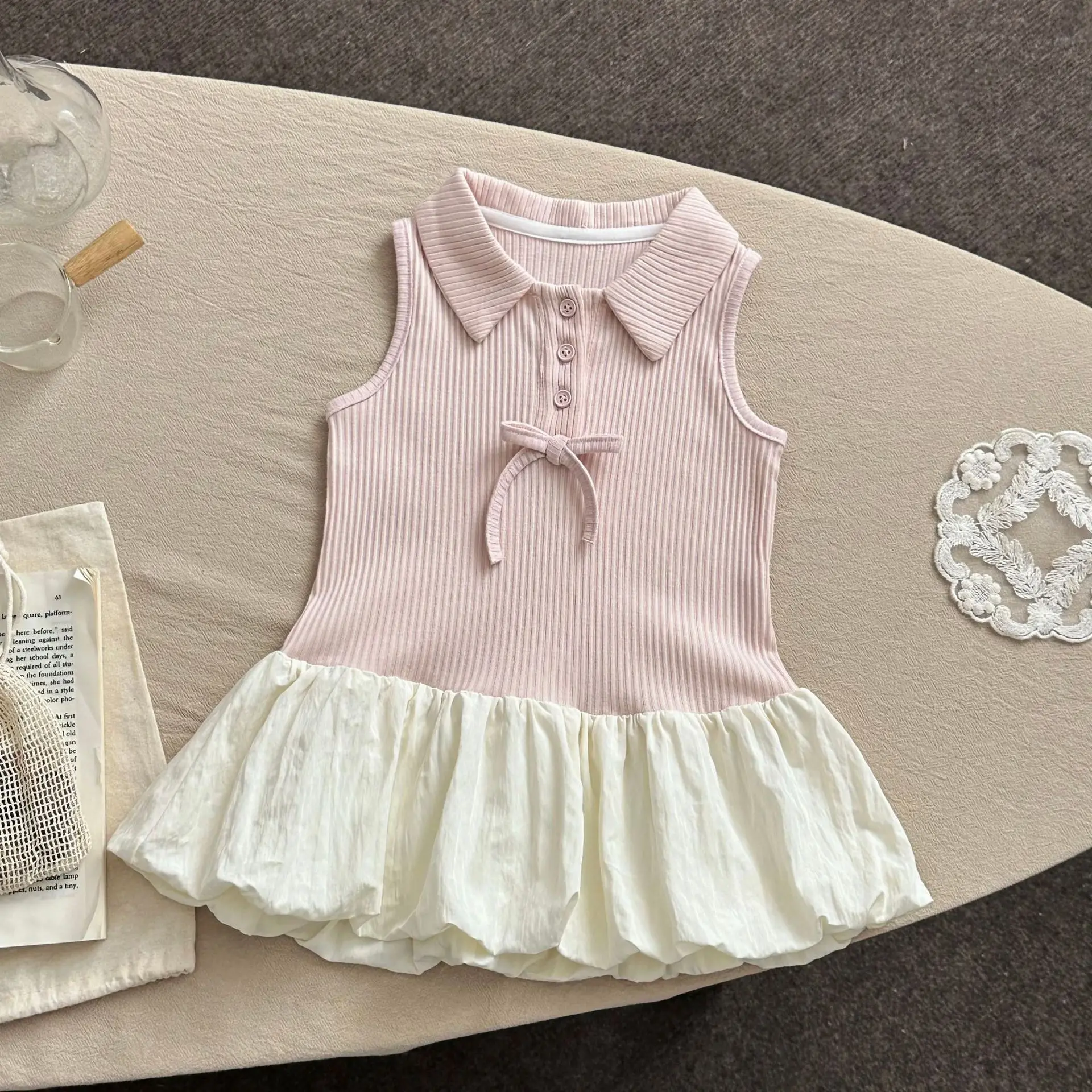 2026 New Summer Sweet Style Baby Dress Pink Bow Bubble Hem Sleeveless Dress for Toddler Girls Soft Cotton Infant Clothes