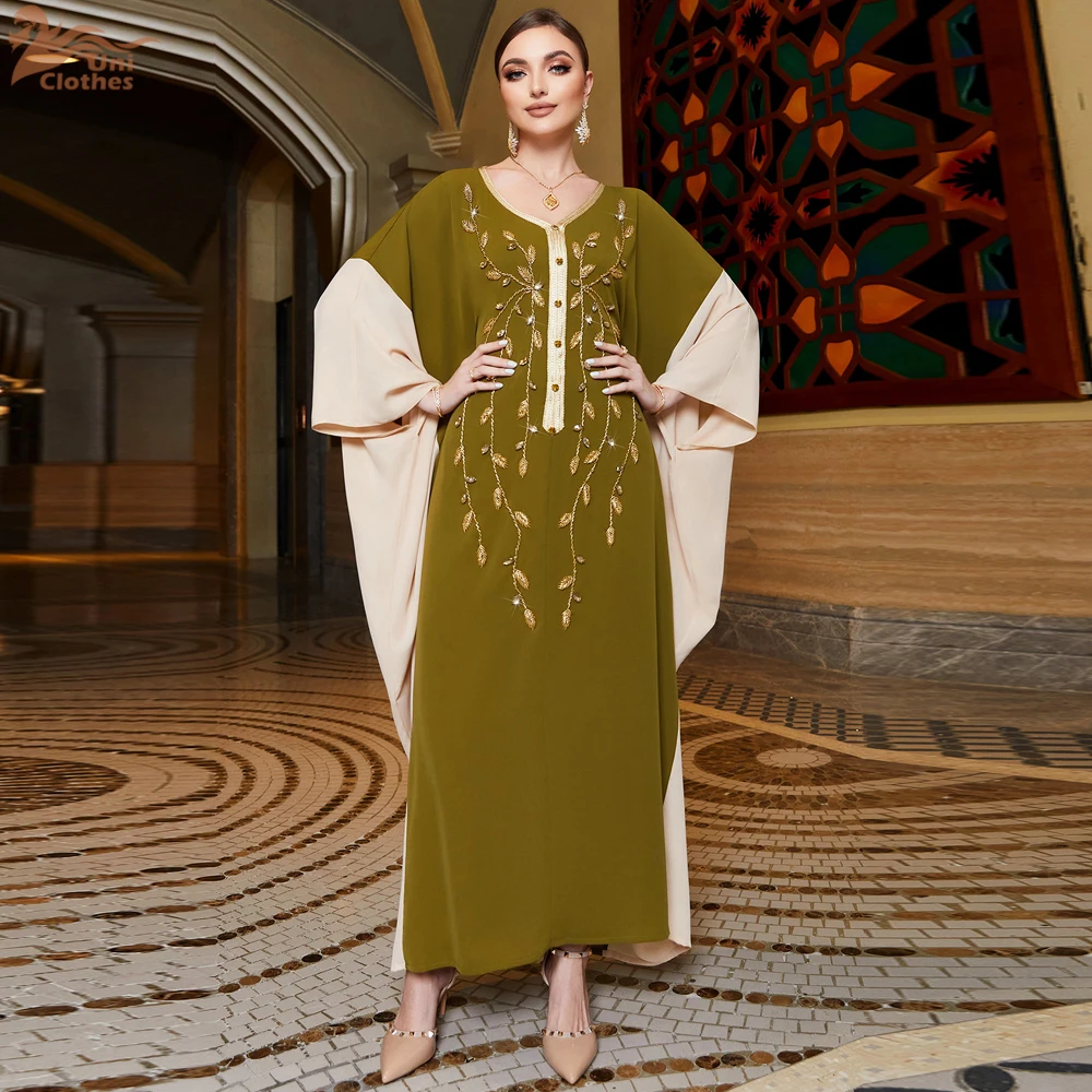 

Caftan Moroccan Fashion Diamonds Beading Maxi Dresses Contrast Color Patchwork Batwing Sleeve Elegant Muslim Kimono