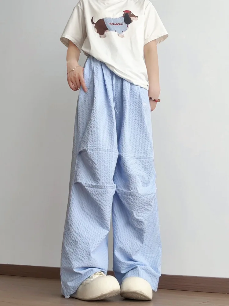 Calças de perna larga cinza das mulheres verão respirável solto ajuste doce menina praia festa arejado macio cordão calças highstreet harajuku