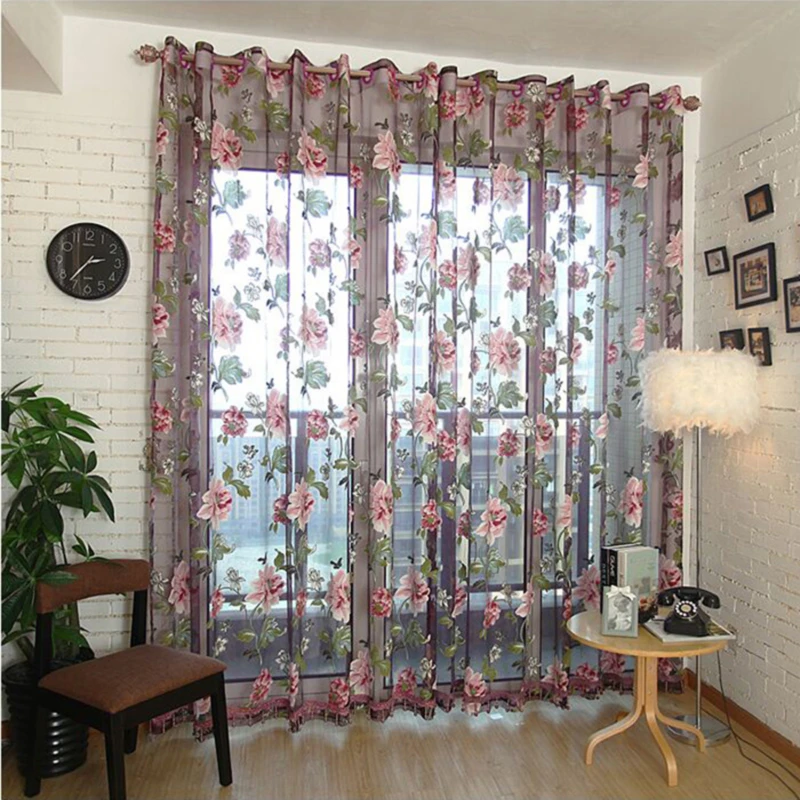 Peony Flower Sheer Curtains for Living Room Tulle Window Screen Pastoral Yarn Fabric Bedroom Kitchen Customized