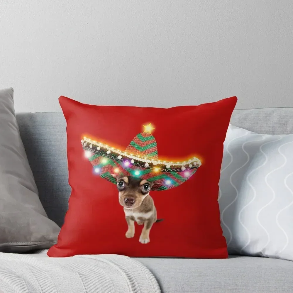 

Chihuahua dog wearing a sombrero hat with Christmas lights Throw Pillow covers for pillows luxury decor pillow