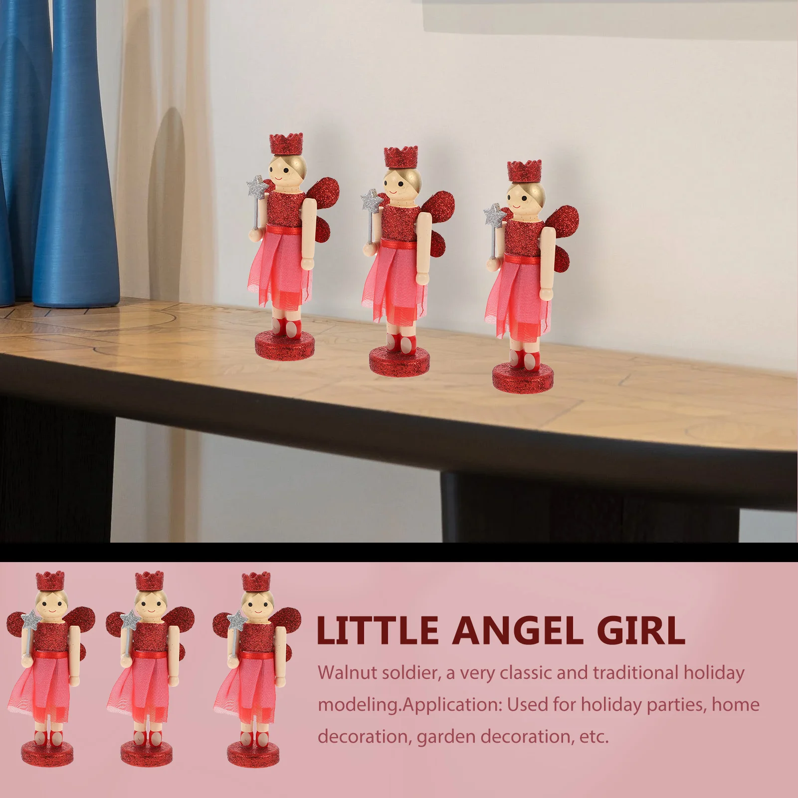 

3Pcs Lovely Wooden Nutcracker Decor Walnut Angel Christmas Desktop Ornament High Grade Material Festive Gift