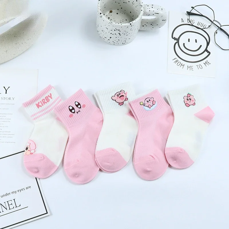 5pcs Kirby Girls Socks Cotton Mesh Kids Breathable Kawaii Cartoon Toddler Elastic Sports Socks Cute Children Short Socks 2-15y