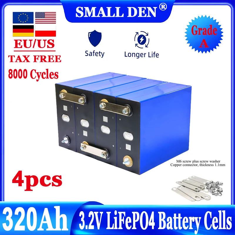 

4pcs 320Ah 8000 cycle LiFePO4 3.2V rechargeable battery, suitable for DIY 12V 24V 48V caravan marine solar energy system no tax