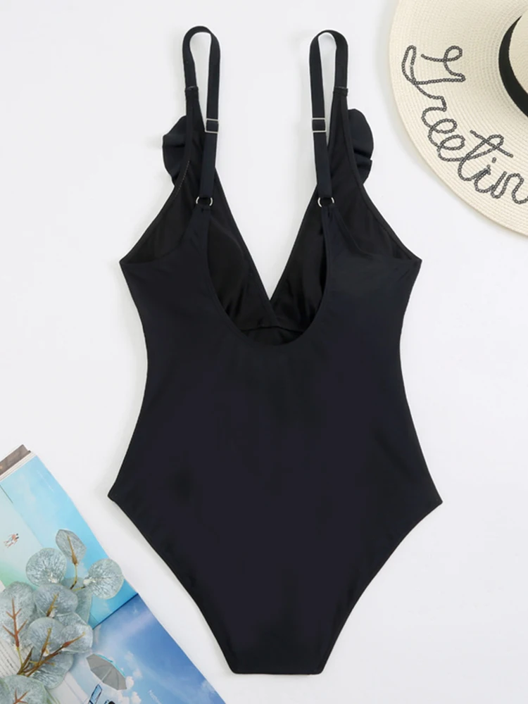 One Piece Swimsuit For Women Swimwear 2022 New Monokini Sexy Solid Black Ruffled Beachwear Bathing Suit Female Clothing Summer