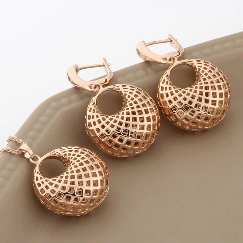 New Trendy 2022 Hollow Big Earrings And Pandent 585 Rose Gold Color Dangle Earrings For Women 2022 Fashion Jewelry Sets