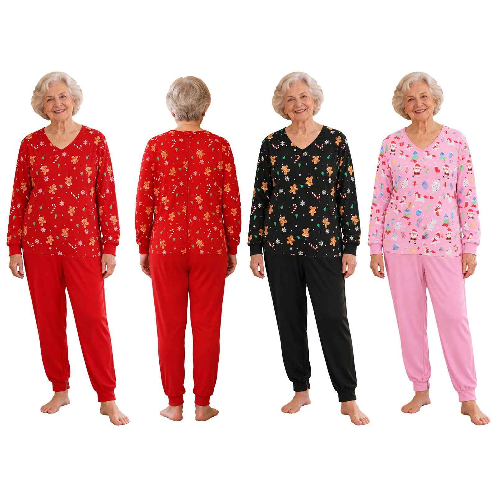 Men Women Print Anti-strip Nursing Jumpsuit V-neck Long Sleeve Zipper Back Crotch Christmas Patchwork Bodysuit Nightwear