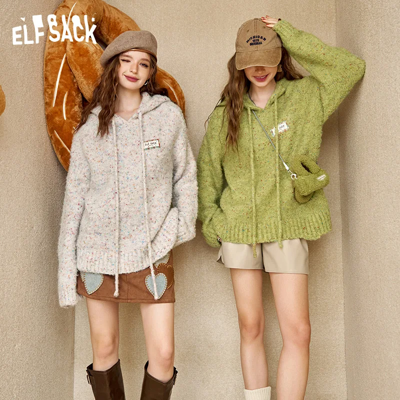 

ELFSACK 2024 Autumn New Arrivals colorful fluffy hooded lazy style sweater for women