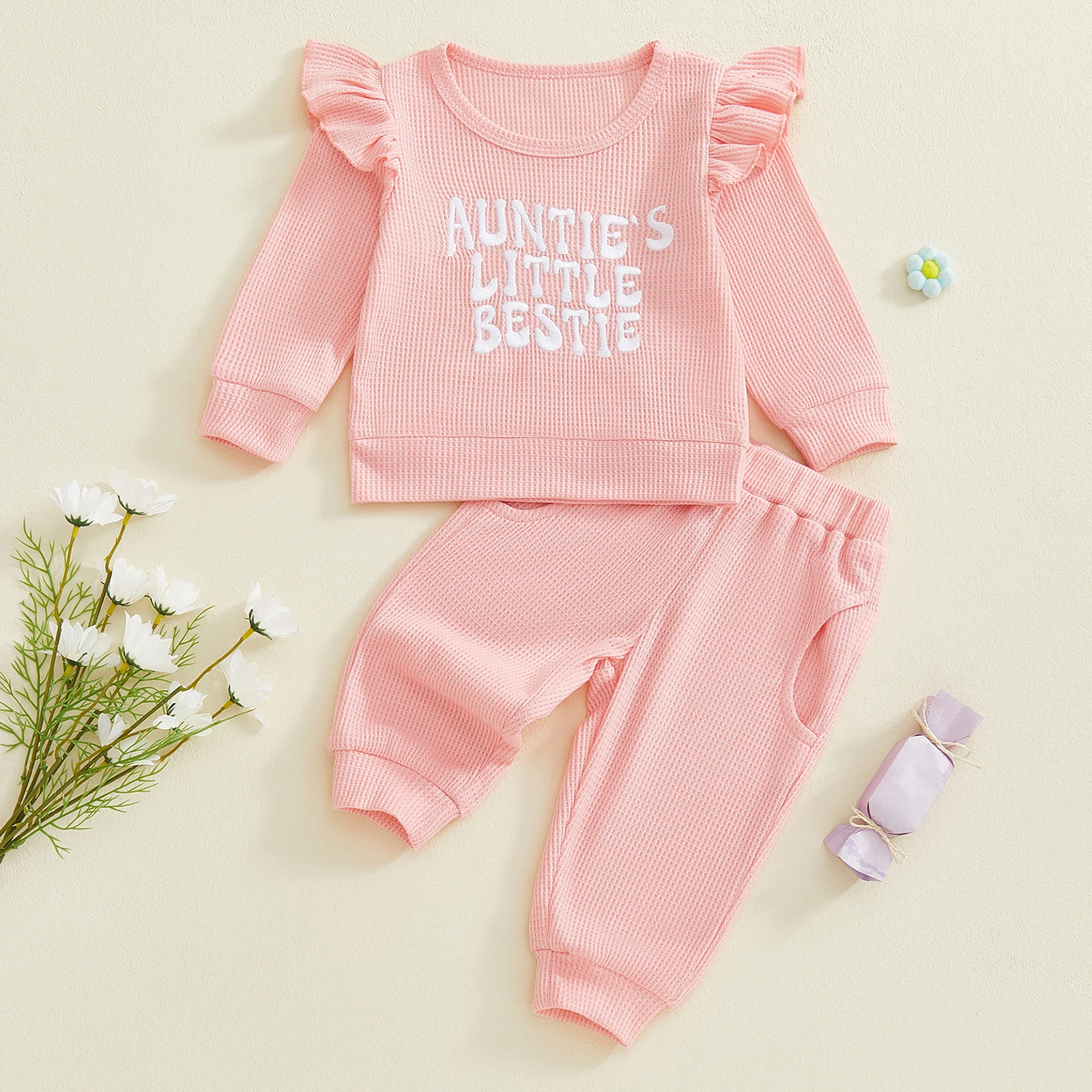 Toddler Girls 2 Piece Outfits Letter Embroidery Long Sleeve Crew Neck Tops and Elastic Waist Pants Set