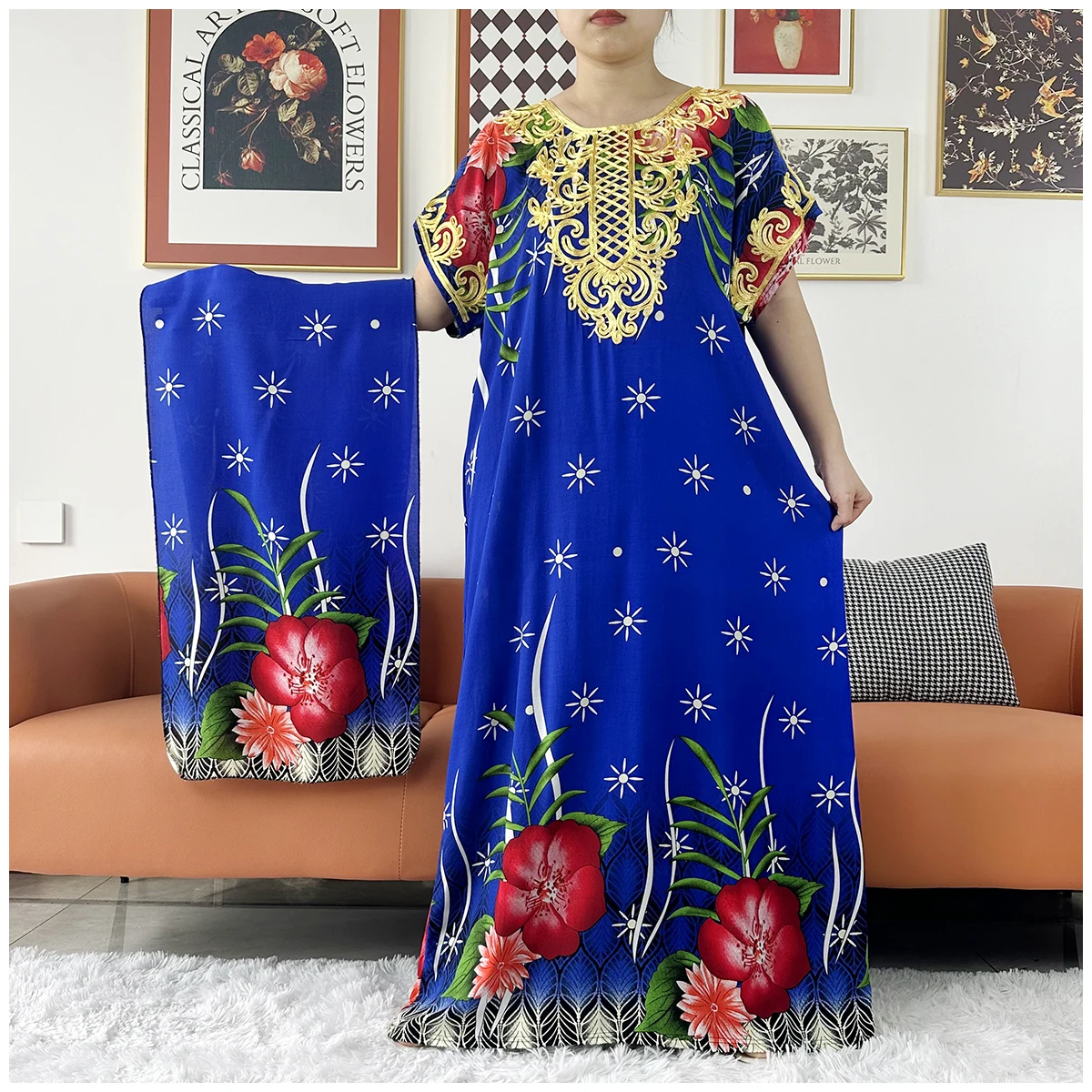 2 Pieces African Dashiki Floral Printing Loose Cotton Caftan Lady Summer Maxi Casual Dresses With Scarf  Vestidos Short Sleeve