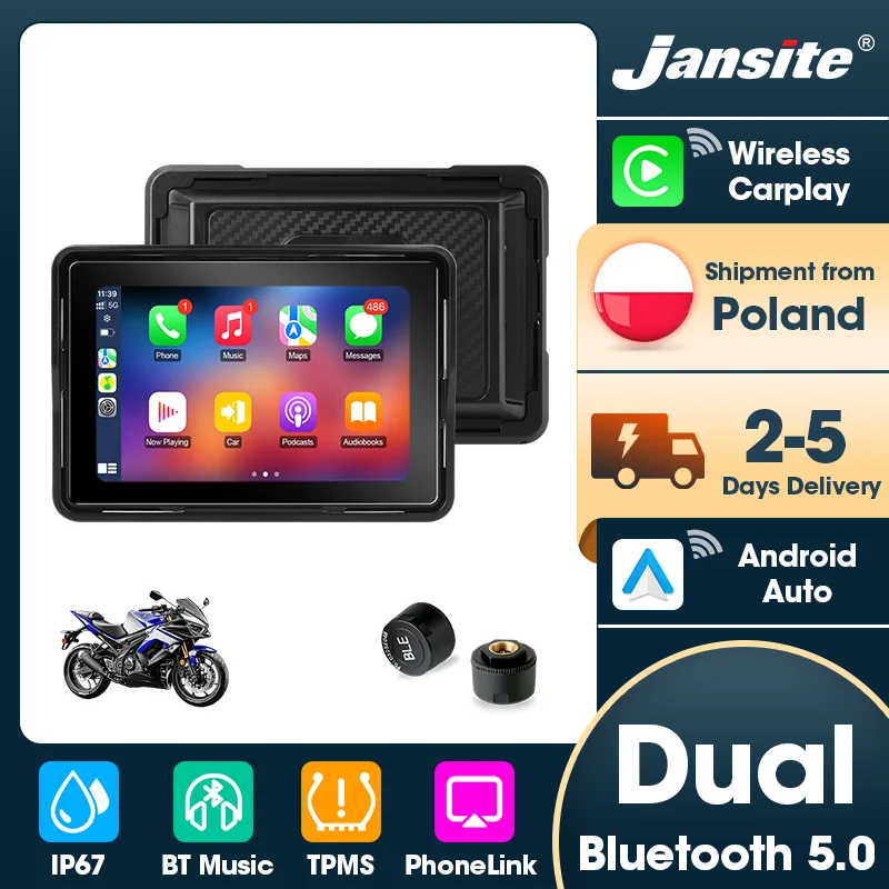 Jansite Tragbarer 5'' Motorrad-Carplay Android Auto IPX7 Wasserdichter GPS-Navigator Dual Bluetooth 5.0 Moto-Monitor IPS-Bildschirm