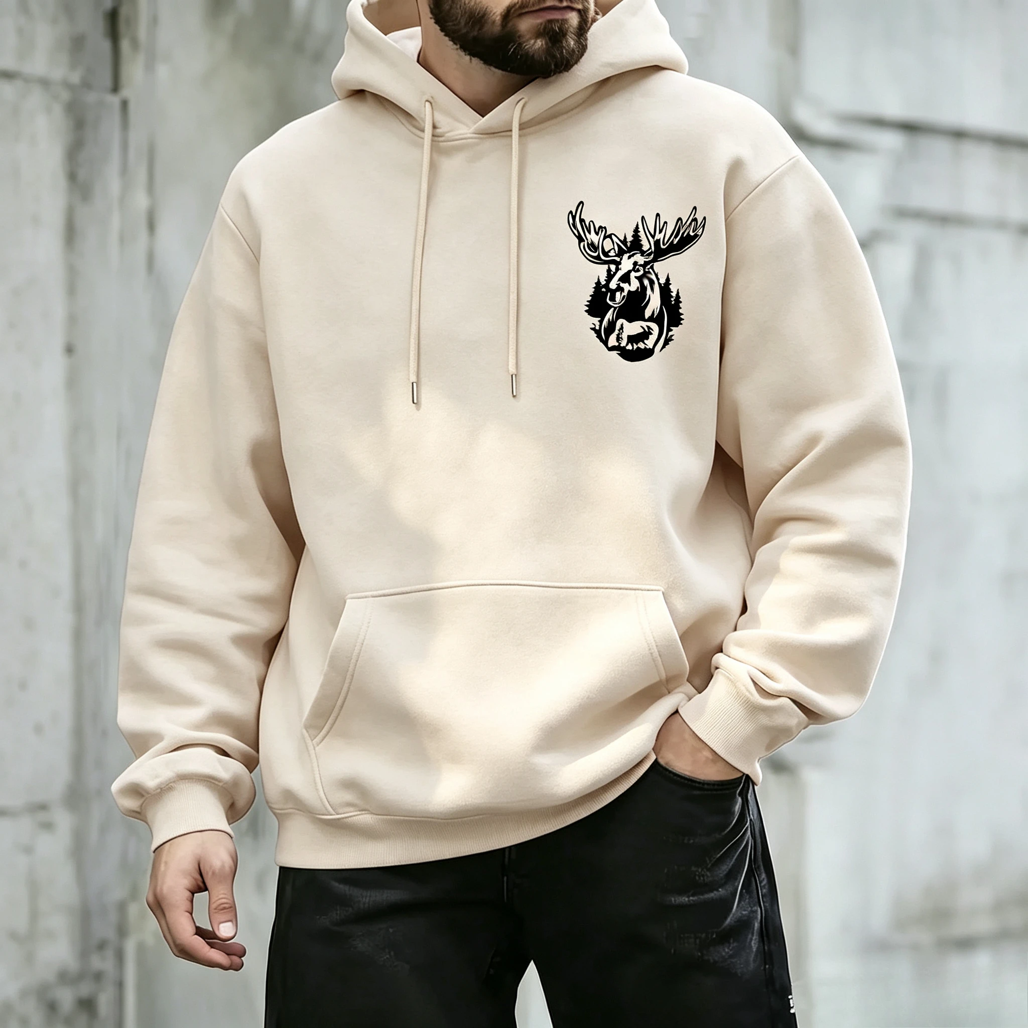 Moose Graphic Hoodie Men Women Loose Hooded Sweatshirt Forest Elk Silhouette Print Pullover Casual Streetwear Tops