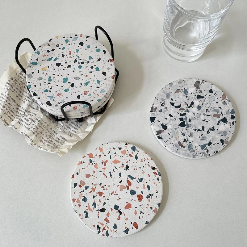 Simple Imitation Terrazzo Diatom Mud Suction Coaster Round Insulated Placemat Bowl Chopsticks Tray Coaster Tableware