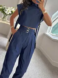 Two Piece Set Women Outfit 2023 Summer Fashion Casual Turtleneck Sleeveless Top & Buckle Pocket Design High Waist Pants Set