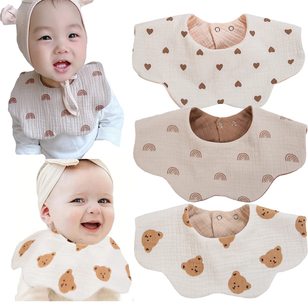 

3Pcs/Lot Cute Bear Flower Print Baby Bibs Muslin Cotton Double Side Infant Boys Girls Feeding Burp Cloths Thicken Adjustable Bib