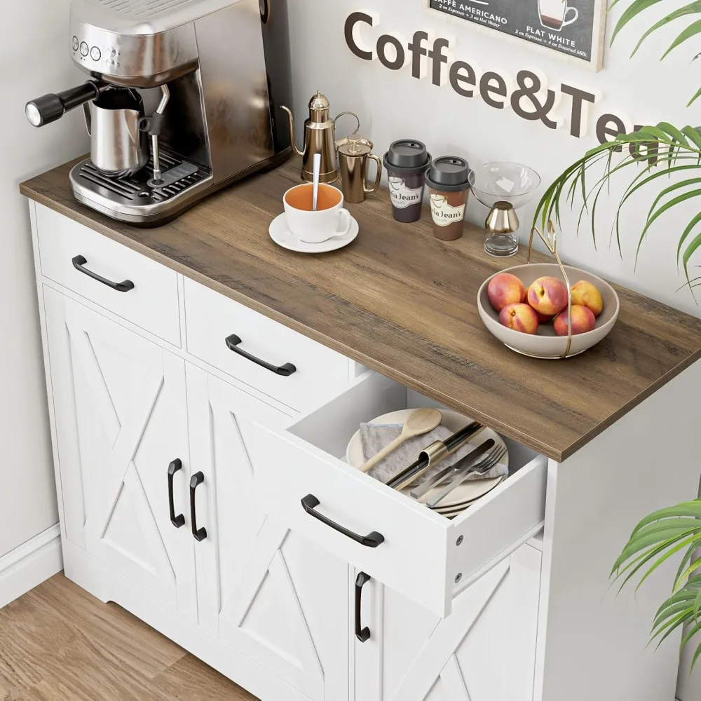 خزانة بوفيه جانبية للمزرعة الحديثة مع أبواب الحظيرة، خزانة تخزين بار القهوة الخشبية مع أدراج ورفوف للمطبخ D #1