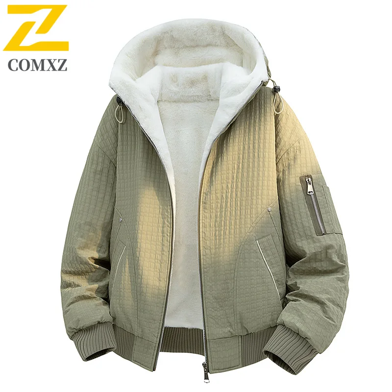 

COMXZ Premium Mens Padded Jacket 2025 Hooded Journey Thickened Warmth Fleece Coat Relaxed Pure Tone Winter Big Size Outerwear