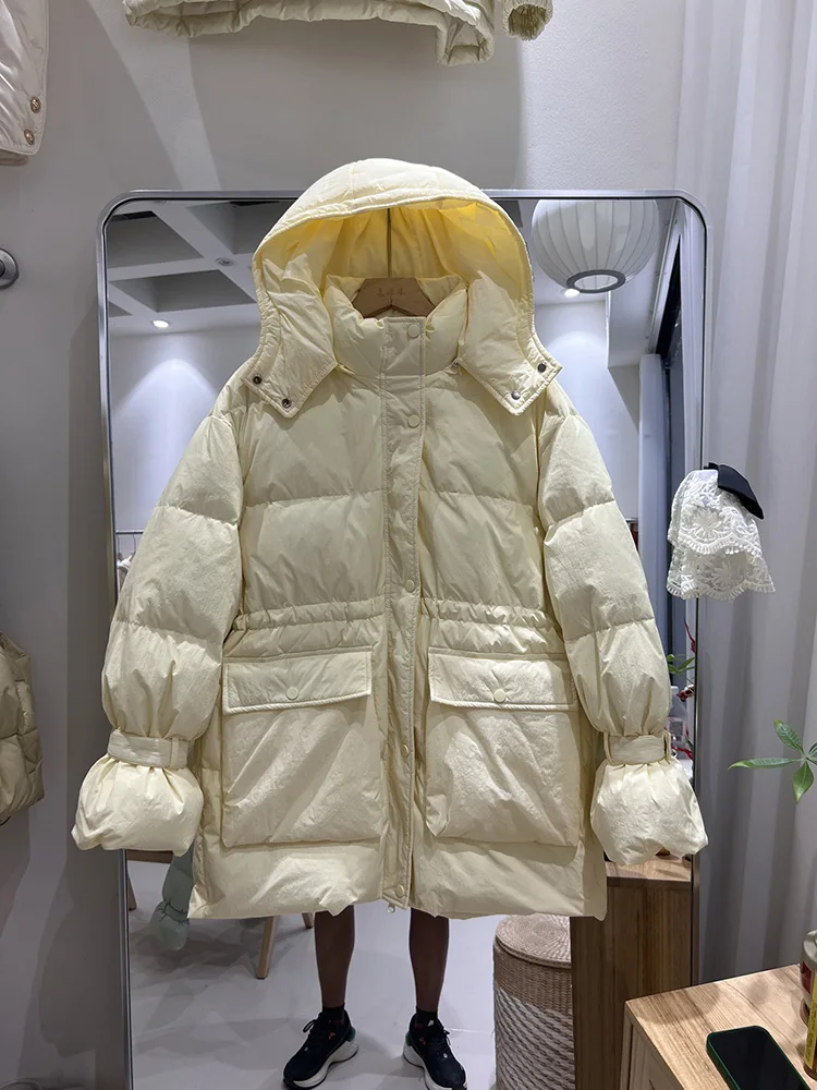 Women's middle and long hooded down jacket winter 2025 new fashion design sense big pocket loose white duck down coat