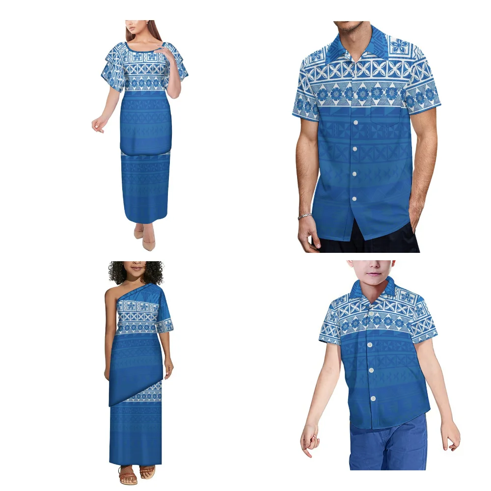 Abito estivo Puletasi personalizzato polinesiano con stampa vintage per adulti e bambini Gonna lunga per uomo e ragazzo Camicia con colletto rialzato