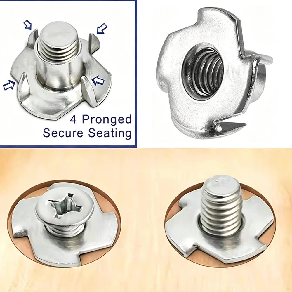 50Pcs 4-Pronged Tee Nut M3 M4 M5 M6 M8 M10 Four Claws Nut Speaker T-nut Blind Pronged Insert Tee Nut for Wood Furniture